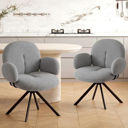 Cute Desk Chair No Wheels Set of 2, 360° Swivel Accent Chairs with Arms, Modern Upholstered Dining Room Chairs with Tufted Cushion, Accent Chairs for Home Office/Bedroom/Kitchen, Teddy Sherpa, Grey