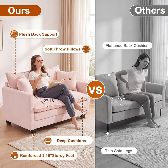 50'' Loveseat Sofa Cloud Sofa Couch, Modern Loveseats 2 Seat Couch 27" Deep Seat with 2 Pillows for Small Spaces Apartment Studio Office Bedroom Living Room, Pink