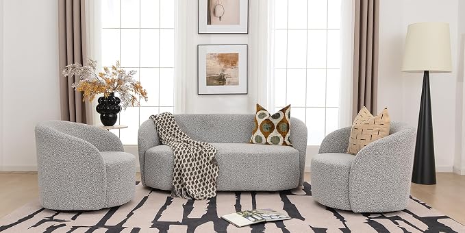 KINWELL 68" Boucle Upholstered Loveseat Sofa with Set of 2 Swivel Barrel Accent Chairs, Minimalist Comfy 2-Seater Couch and 2 Sherpa Armchairs for Small Spaces Apartment, Black White