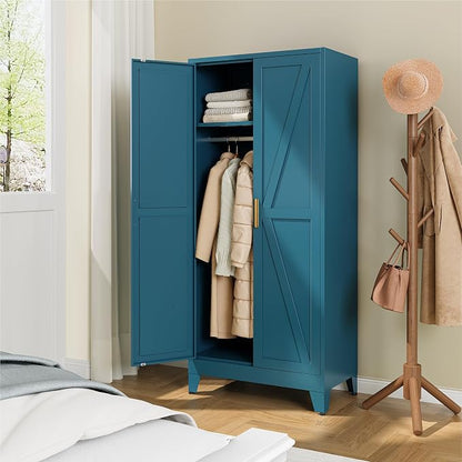 YAUWOH Farmhouse Wardrobe Cabinet,Metal Wardrobe Closet with Hanging Rod,Metal Armoire with Adjustable Shelves for Bedroom,Cloak Room,Office (Blue)