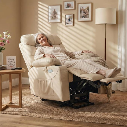 MCombo Power Lift Recliner Chair for Elderly, Electric Lift Chair with Extended Footrest, USB Ports, Cup Holders, Faux Leather 7287 (Cream White, Medium)