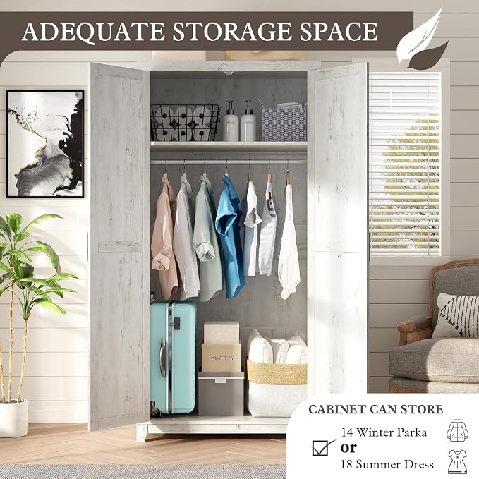 LUXOAK 70" Large Armoire Wardrobe Closet Set of 2 with Hanging Rod, Farmhouse Clothing Storage Cabinet with 2 Barn Doors, Wooden Tall Bedroom Armoires with Shelf, Distressed White