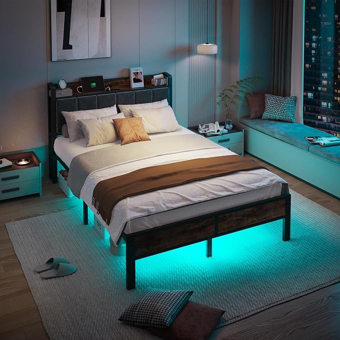 ALBERTO Full Size LED Bed Frame with Built-in Charging Station, Metal Platform with Slats, Soft Grey Upholstered Headboard, No Box Spring Required