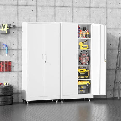 Bonusall 72" Metal Garage Storage Cabinet with Wheels, 2-Door Steel Locking Cabinet with 4 Adjustable Shelves, Heavy Duty Rolling Utility Cabinets for Warehouse, School - White