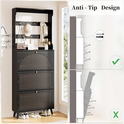 Fsbecl Shoe Cabinet for Entryway with 3 Flip Drawers & Coat Rack, Narrow Hidden Shoe Storage Cabinet with Fluted Panel, 2-in-1 Hall Tree Slim Freestanding Shoe Rack Organizer for Hallway, Black