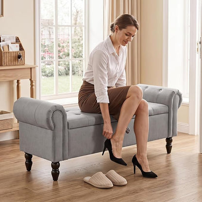 Furniliving 55” End of Bed Bench, Bedroom Bench with Button-Tufted, Large Upholstered Storage Ottoman Entryway Bench with Storage Shoe Cabinet Bench, for Bedroom, Linen, Grey