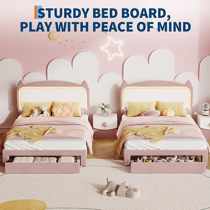 Garvee Full Upholstered LED Bed Frame with Storage Drawer & Cute Cat Headboard, Velvet Princess Platform Bed Frame with Sturdy Wood Slats Support for Girls/Kids, No Box Spring Needed, Pink