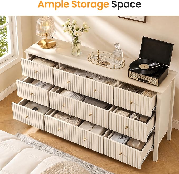 RoyalCraft Fluted Dresser for Bedroom with 9 Drawers, 59" Wide Painted Wooden Chest of Drawers, Modern TV Stand Storage Cabinet for Living Room, Hallway, Beige