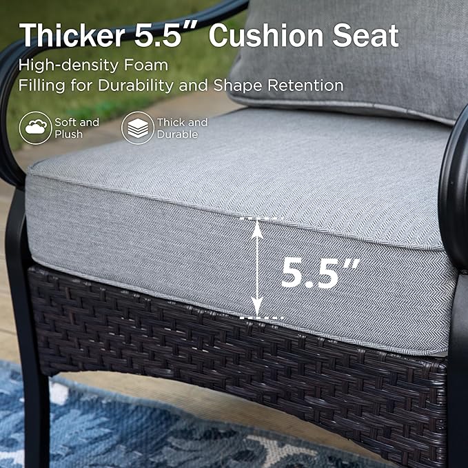 PHI VILLA Wicker & Metal Outdoor Patio Couch,3-Seat Patio Sofa with Deep Seating for Front Porch, Deck, Balcony, Backyard, Sunroom,Grey