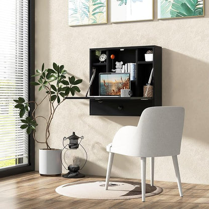 Tangkula Wall Mounted Desk, Folding Floating Wall Mount Laptop Desk, Space Saving Wall Mounted Table with Storage Drawer & Shelves (Black)