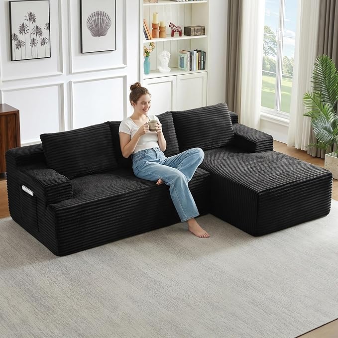 96" Cloud Sectional Couch with L-Shape Chaise, Modular Comfy Sofa Chaise Longue, Upholstered Corduroy Couches Sleeper with Deep Seat for Living Room Bedroom, No Assembly Required(Black, Right Facing)