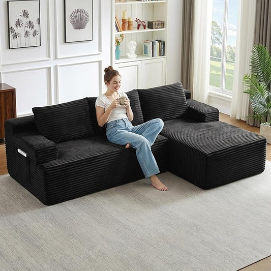 96" Cloud Sectional Couch with L-Shape Chaise, Modular Comfy Sofa Chaise Longue, Upholstered Corduroy Couches Sleeper with Deep Seat for Living Room Bedroom, No Assembly Required(Black, Right Facing)