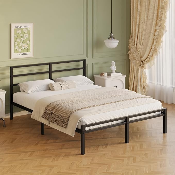 Lutown-Teen 12 Inch Queen Bed Frame with Headboard and Footboard, Classic Metal Platform Bed Frame Queen Size, Under Bed Storage, No Box Spring Needed, Easy Assembly, Noise Free, Black