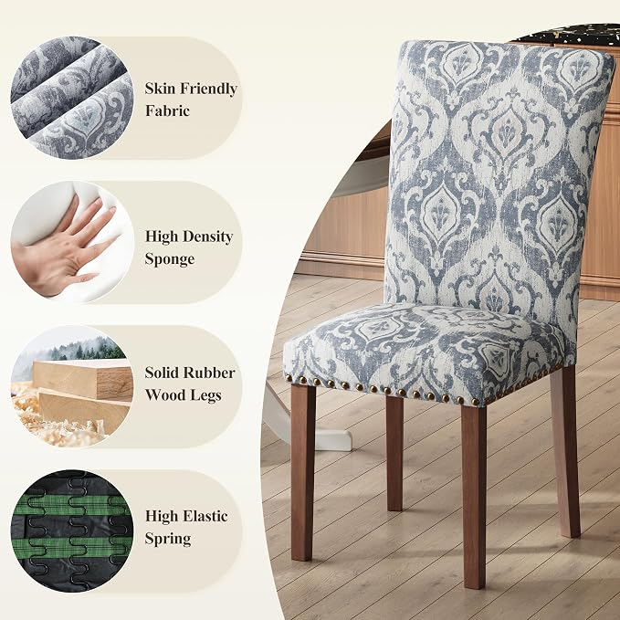 MALOL Dining Chairs Set of 2, High Back Dining Chair with Wood Legs and Nailhead Trim, Modern Padded Kitchen Room Chairs for Dining Room/Restaurant, White/Blue