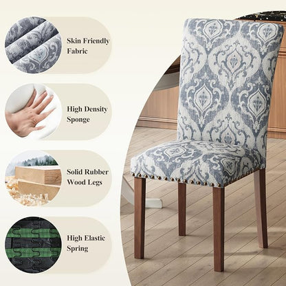 MALOL Dining Chairs Set of 2, High Back Dining Chair with Wood Legs and Nailhead Trim, Modern Padded Kitchen Room Chairs for Dining Room/Restaurant, White/Blue