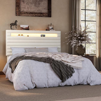 SHA CERLIN Queen Bed Frame with LED Light & 2-Tier Storage Shelf, Velvet Upholstered Adjustable Headboard with Charing Station, Horizontal Channel Tufted, No Box Spring Needed, Easy Assembly, Cream