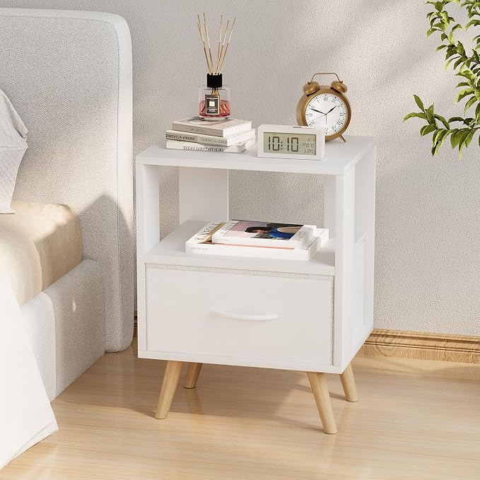 Huhote Kids Nightstand, 2-Tier Night Stand with Drawer, Modern Side Table for Bedroom, Study Room, Small Spaces, White