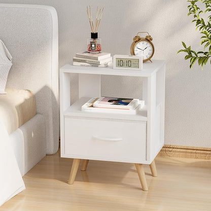 Huhote Kids Nightstand, 2-Tier Night Stand with Drawer, Modern Side Table for Bedroom, Study Room, Small Spaces, White