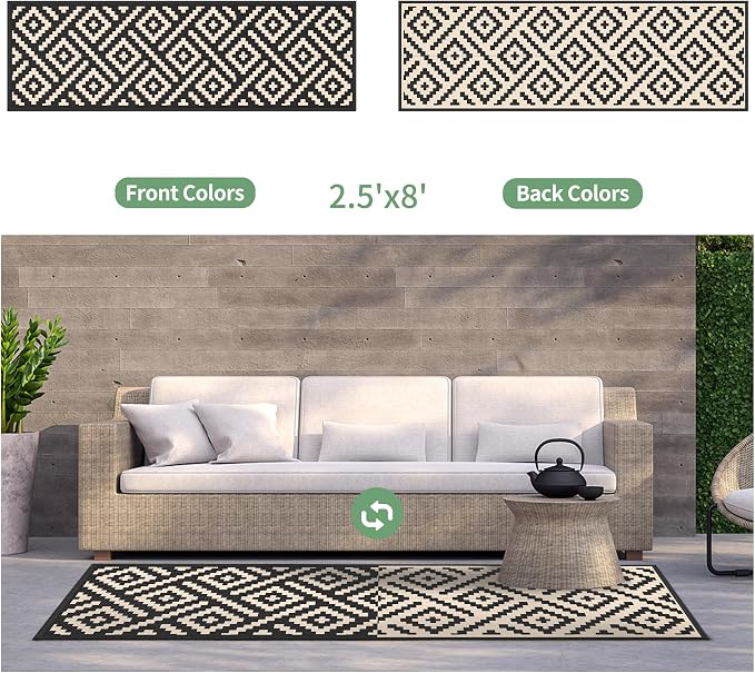 GENIMO Outdoor Rug 2.5'x8' Waterproof, Reversible Camping Mat, Plastic Straw Rugs for Patio, RV, Camper, Balcony, Backyard, Picnic, Deck (Black & Beige)