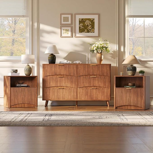 Evermagin 3-Piece Bedroom Furniture Set for Bedroom, 55" Wide Fluted 6-Drawer Dresser with 2 Nightstands, Mid-Century Modern Dresser and Nightstand Set (Walnut)