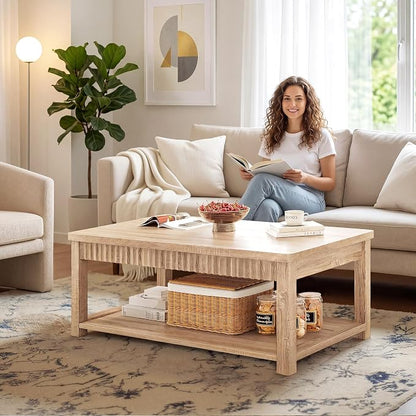 Homkdom Fluted Coffee Table, 2-Tier Storage Shelf, Oak | Heavy Duty 200 lb Capacity, Kids Friendly Rounded Corners