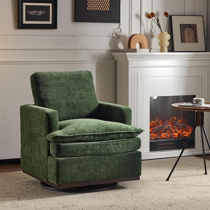 VINGLI Mid-Century Modern Single Swivel Armchair, 360° Swivel Accent Chair, Double-Layer Seat Cushions, Upholstered Square Club Chair for Living Room, Bedroom, Reading Room, Chenille,Green