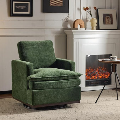 VINGLI Mid-Century Modern Single Swivel Armchair, 360° Swivel Accent Chair, Double-Layer Seat Cushions, Upholstered Square Club Chair for Living Room, Bedroom, Reading Room, Chenille,Green