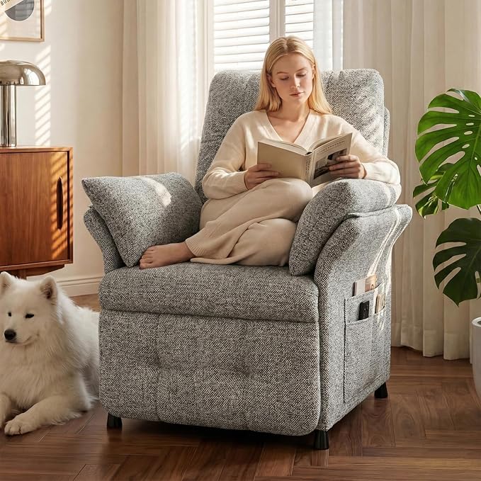Power Recliner Chair for Adults with Heat & Massage - Linen Electric Reclining Sofa with Remote Control, 3 Side Pockets, 180° Lay Sleeper for Living Room Home Theater, Light Grey