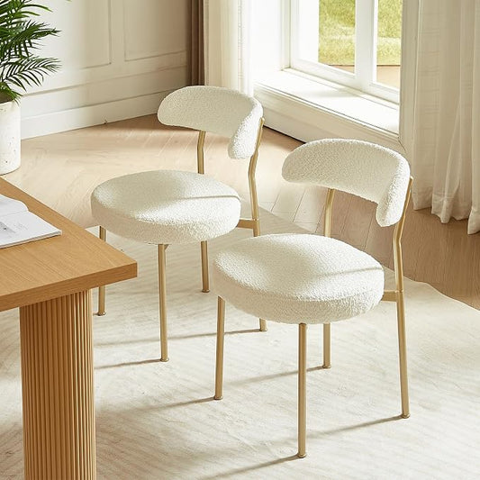 SoarFlash Dining Chairs, Beige Boucle Dining Chairs Set of 2, Kitchen Dining Room Chairs Curved Backrest Upholstered Mid Century Modern Chairs with Golden Metal Legs