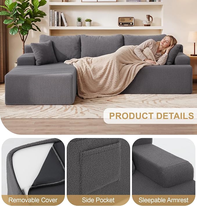 Hobestluk Modular Sectional Sofa Couches L-Shape Couch 3 Seat Modular Sofa Memory Foam Sectional Couches for Living Room, Cloud Couch with Oversized Chaise (Grey Smooth, 96", Left Hand Facing)