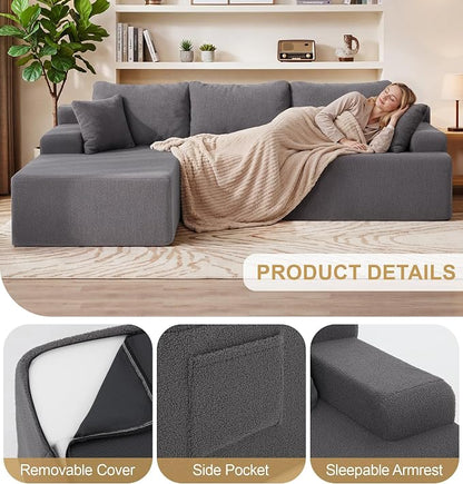 Hobestluk Modular Sectional Sofa Couches L-Shape Couch 3 Seat Modular Sofa Memory Foam Sectional Couches for Living Room, Cloud Couch with Oversized Chaise (Grey Smooth, 96", Left Hand Facing)