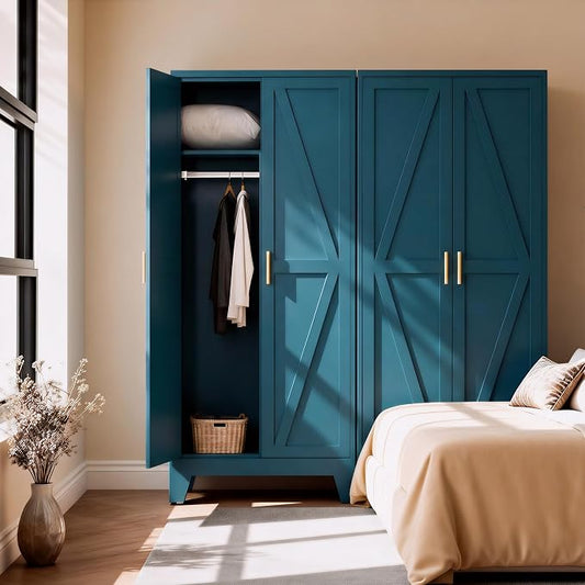 71" H Blue Closet,Armoire Wardrobe Closets,Metal Wardrobe Closet with Doors and Shelves