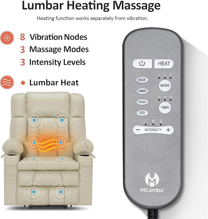 MCombo Large Dual Motor Power Lift Recliner Chair for Elderly, Zero Gravity Lift Chair with Heat and Massage, Infinite Position Lay Flat Recliner, USB Ports, Faux Leather 7896 (Cream White, Large)