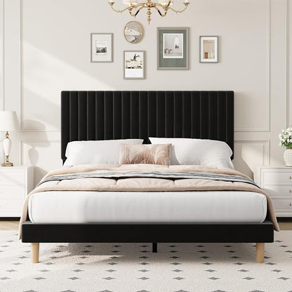 IDEALHOUSE Full Size Bed Frame with Adjustable Headboard, Velvet Upholstered Platform Full Bed Frame, Vertical Channel Tufted, Strong Wooden Slats, No Box Spring Needed, Easy Assembly, Black