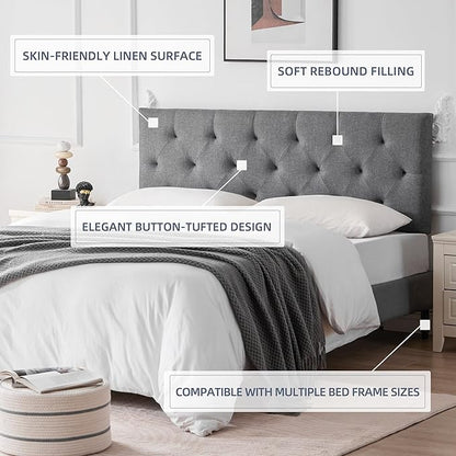 Linen Headboard Full Size, Adjustable Height Headboard 37-51 in, Light Gray | Diamond Tufting Solid Wood Full XL Headboards Only, Durable Metal Legs, Upholstered Full Head Board Bed Frame, Modern Fabric