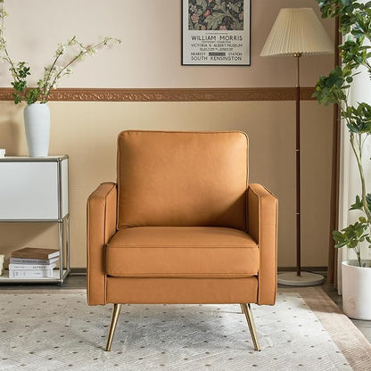 VINGLI Modern PU Leather Accent Chair for Living Room,Bedroom Comfy Chair Arm Chair Reading Chair with Golden Metal Legs and Deep Seat for Office,Apartment,Small Space,Cognac