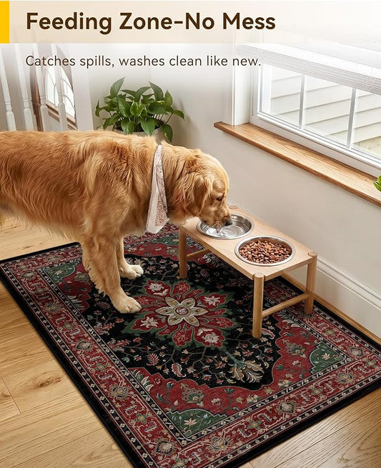 RELEANY Area Rugs Small 2'x3' Washable Non-Slip, Floral Vintage Distress Medallion Carpet for Kitchen Entryway Bathroom, Red Black