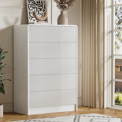 Furniway White 5 Drawer Dresser for Bedroom, Curved Tall Dresser with Push-to-Open Design, Chest of Drawers for Bedroom, Living Room, Hallway, 15.7”D x 32”W x 47.2”H