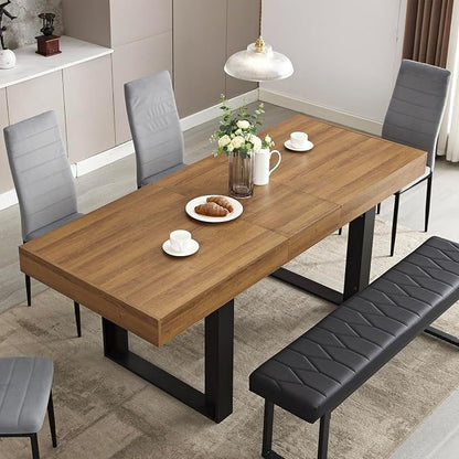STHOUYN 63”-79” Extendable Dining Room Table, Modern Farmhouse Wooden Kitchen Table, Long Expandable Dining Table for 6 8 10, Large Expanding Tables Conference Tables (Walnut Brown)