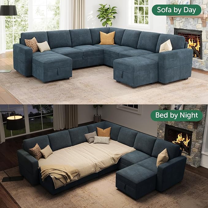 HONBAY Modular Sectional Sleeper Sofa with Pull Out Couch, Corduroy Oversized Sectional Couches Pull Out Bed with U Shaped Sleeper Storage for Living Room - Blue
