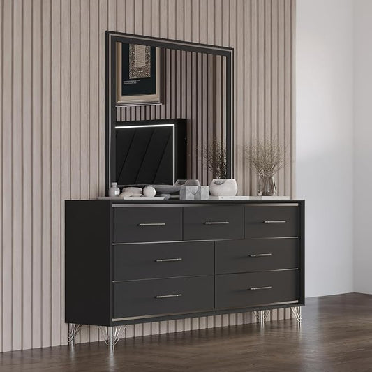 New Classic Furniture Ava 2-Piece Wood Dresser and Mirror Set, Ebony Black