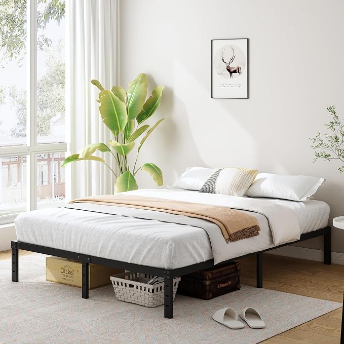 Cieemine 12 Inch Queen Size Metal Bed Frame, Heavy Duty Steel Slat Mattress Foundation,No Box Spring Needed, Easy Assembly, Noise-Free,Black