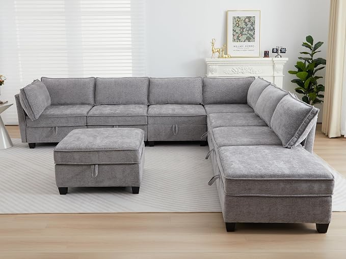 ORRD Oversize Corner Modular Sectional Sofa Set, Convertible L Shaped Couch with Storage, 8 Seater Sofa Modular with Ottomans and Reversible Chaise for Living Room, Office (Grey)