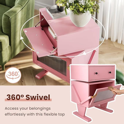 RoyalCraft Nightstands Set of 2 with LED Light Strips, Pink End Table with 360° Rotating Drawer, Modern Bedside Table with Glass Door Storage, Wood Night Stand Cabinet for Bedroom, Home Office, Pink