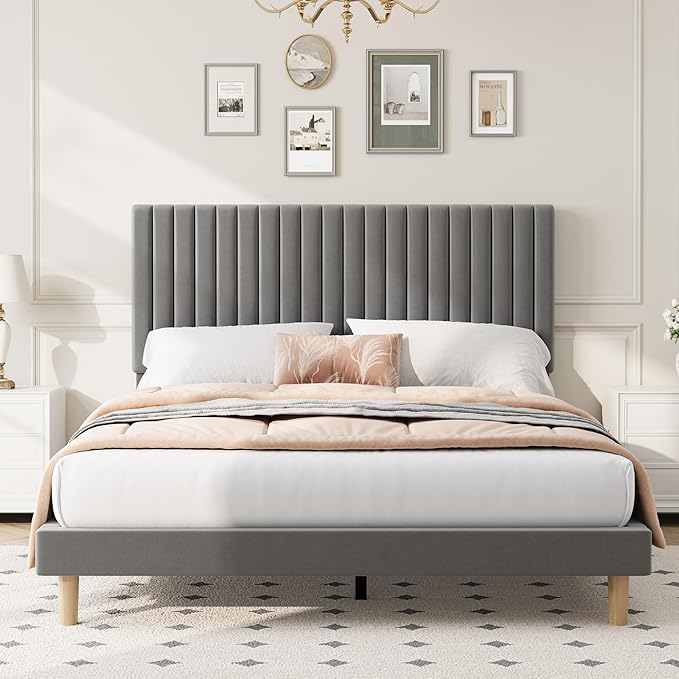 IDEALHOUSE King Bed Frame with Adjustable Headboard, Velvet Upholstered Platform King Size Bed Frame, Vertical Channel Tufted, Strong Wooden Slats, No Box Spring Needed, Easy Assembly, Grey