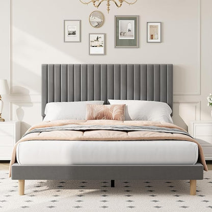 IDEALHOUSE Queen Bed Frame with Adjustable Headboard, Velvet Upholstered Platform Queen Size Bed Frame, Vertical Channel Tufted, Strong Wooden Slats, No Box Spring Needed, Easy Assembly, Grey