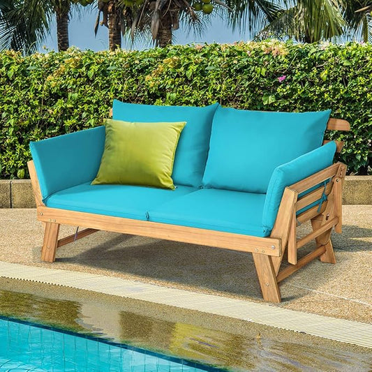 Tangkula Convertible Acacia Wood Patio Couch Sofa Bed with Adjustable Armrest, Outdoor Daybed with Cushion & Pillows, Outside Folding Futon Sofa Couch Bench for Porch, Courtyard, Poolside & Garden