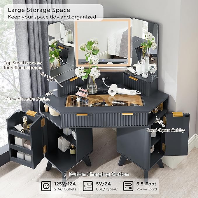 T4TREAM Fluted Makeup Vanity Desk with 3 Way Mirror and Lights, 48" Large Corner Vanity Table with Glass Top, Charging Station, 3 Drawers, Storage Cabinets & Shelves, for Bedroom, Dark Grey