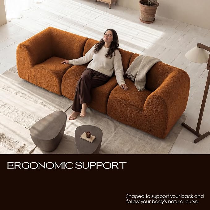 38" Curved Single Sofa Corner Chair, Boneless Sherpa Couch with Deep Seat, Comfy Teddy Sofas for Living Room, Bedroom, Apartment, Modern Sectional Modular Couches – No Assembly, Brown