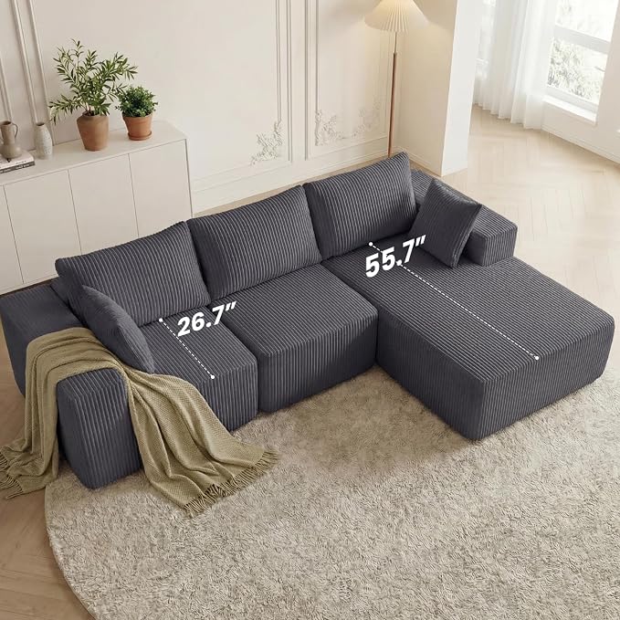 DUMOS 108" L-Shaped Sectional Boneless Couch for Living Room, Upholstered Corduroy Sofa with Deep Seat for Small Apartment, Bedroom, No Assembly in a Box, Right Facing Chaise, Grey